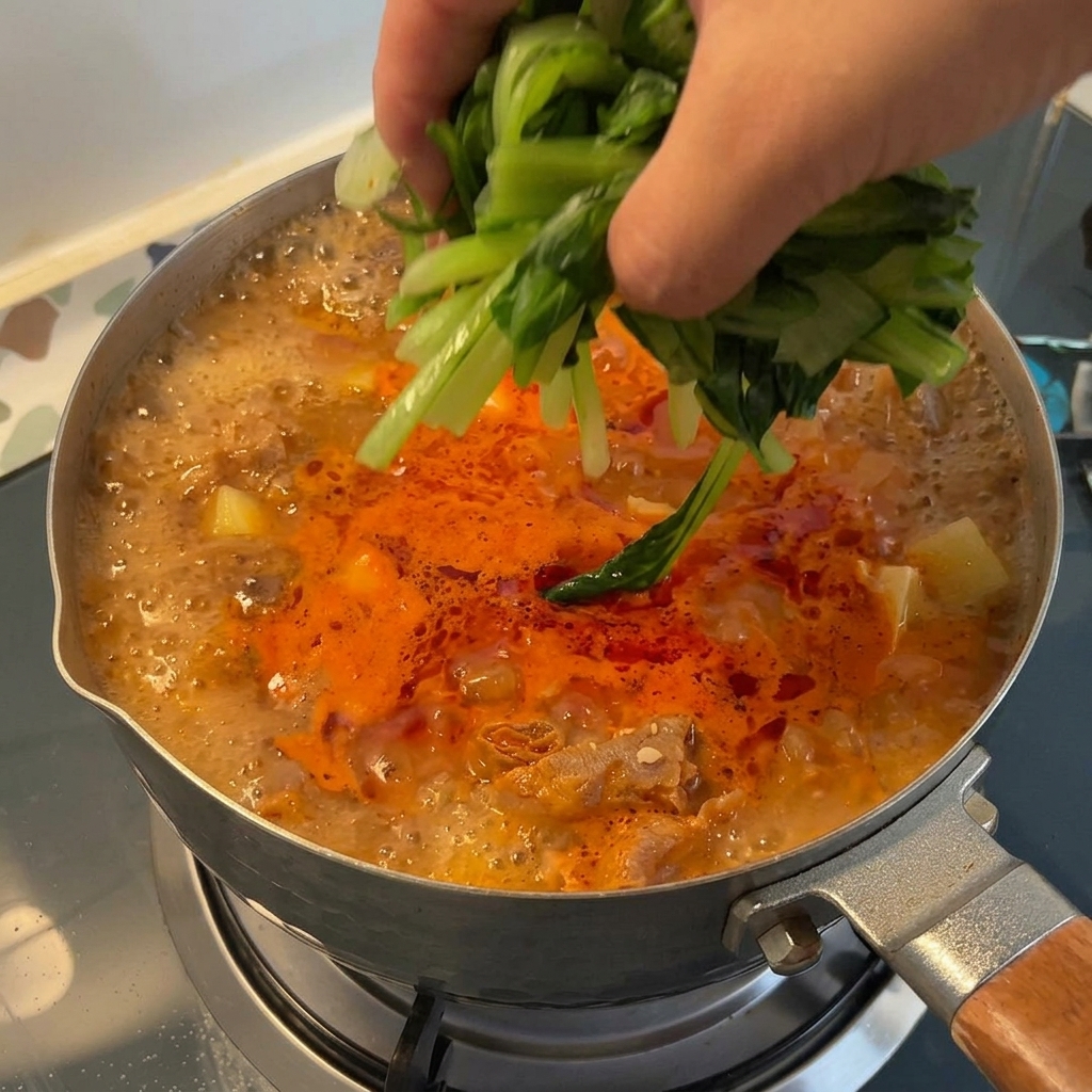 Eine Hand legt ein Bündel frisch grünen, blanchierten Bok Choy in einen kochenden Topf mit rotem Eintopf.