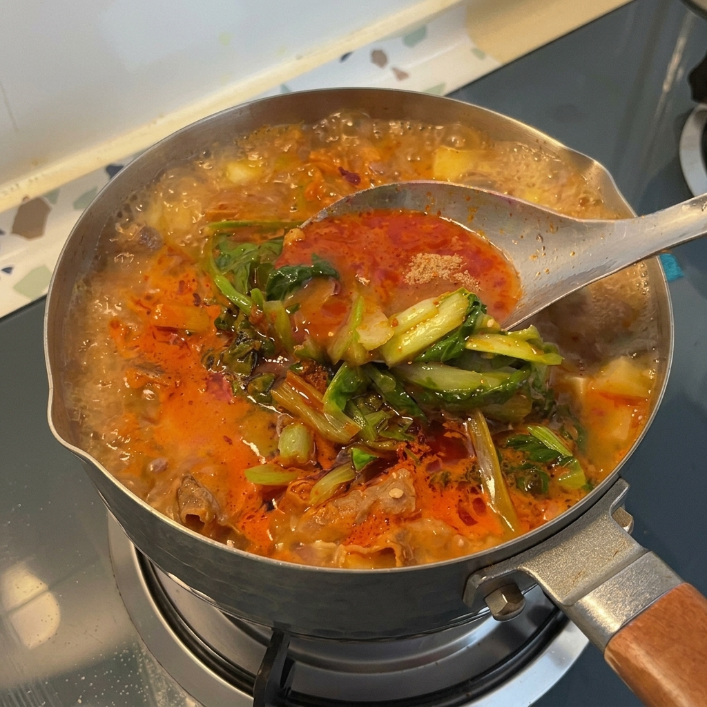 Ein großer Metalllöffel rührt einen kochenden Topf mit koreanischem Sojabohnenpasten-Eintopf um, der mit grünem Gemüse und Chiliöl bedeckt ist.