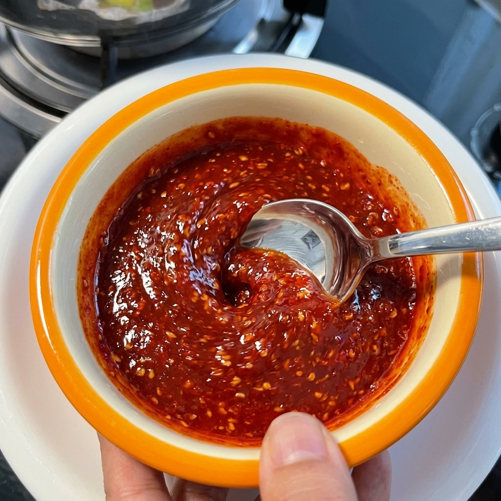Ein Löffel verrührt eine kräftige, glänzende rote Chilisauce mit weißem Sesam in einer kleinen Keramikschale mit orangefarbenem Rand.
