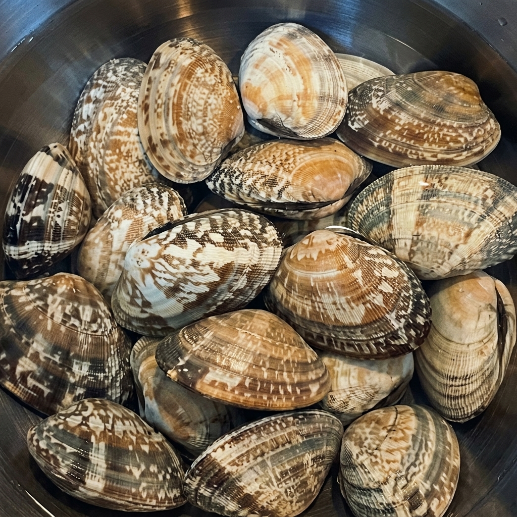 Frische, ganze Muscheln in einer Edelstahlschüssel mit klarem Salzwasser.