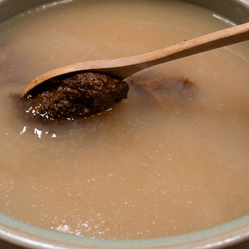 Ein Holzlöffel hält eine Portion dunkelbraune koreanische Sojabohnenpaste über einem Topf mit trüber, köchelnder Flüssigkeit.
