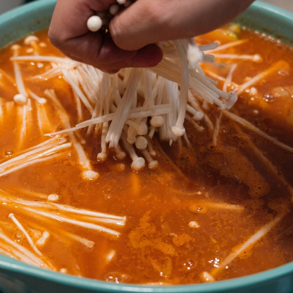 Eine Hand legt ein Bündel frischer weißer Enoki-Pilze in einen kräftig orange kochenden Eintopf in einem türkisfarbenen Topf.