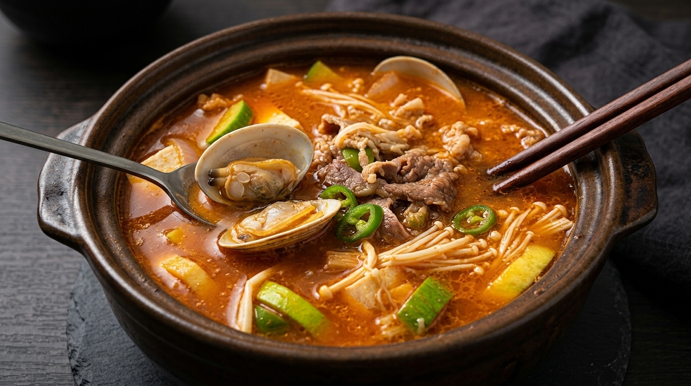 Klassisches koreanisches Doenjang Jjigae (Eintopf mit Sojabohnenpaste, Rindfleisch und Muscheln)