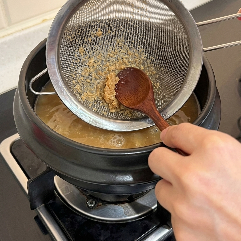 Eine Hand streicht koreanische Sojabohnenpaste mit einem Holzlöffel durch ein Metallsieb in einen Topf mit Wasser.