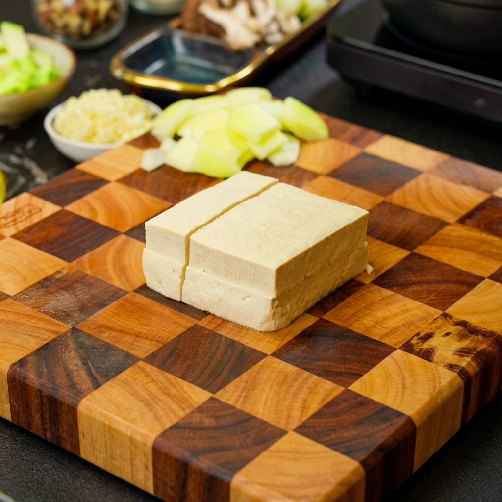 Ein Block weißer Tofu wird auf einem karierten Holzschneidebrett in Stücke geschnitten.