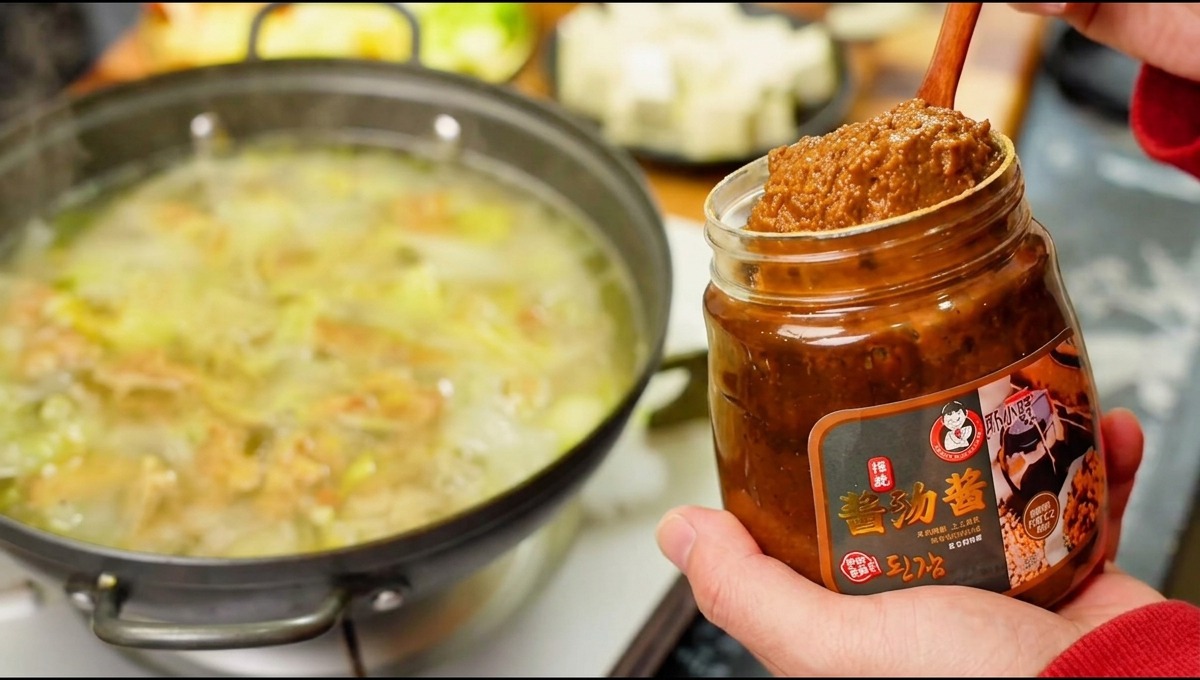 Ein Holzlöffel mit einer großen Portion koreanischer Sojabohnenpaste neben einem Glas, im Hintergrund ein köchelnder Topf.