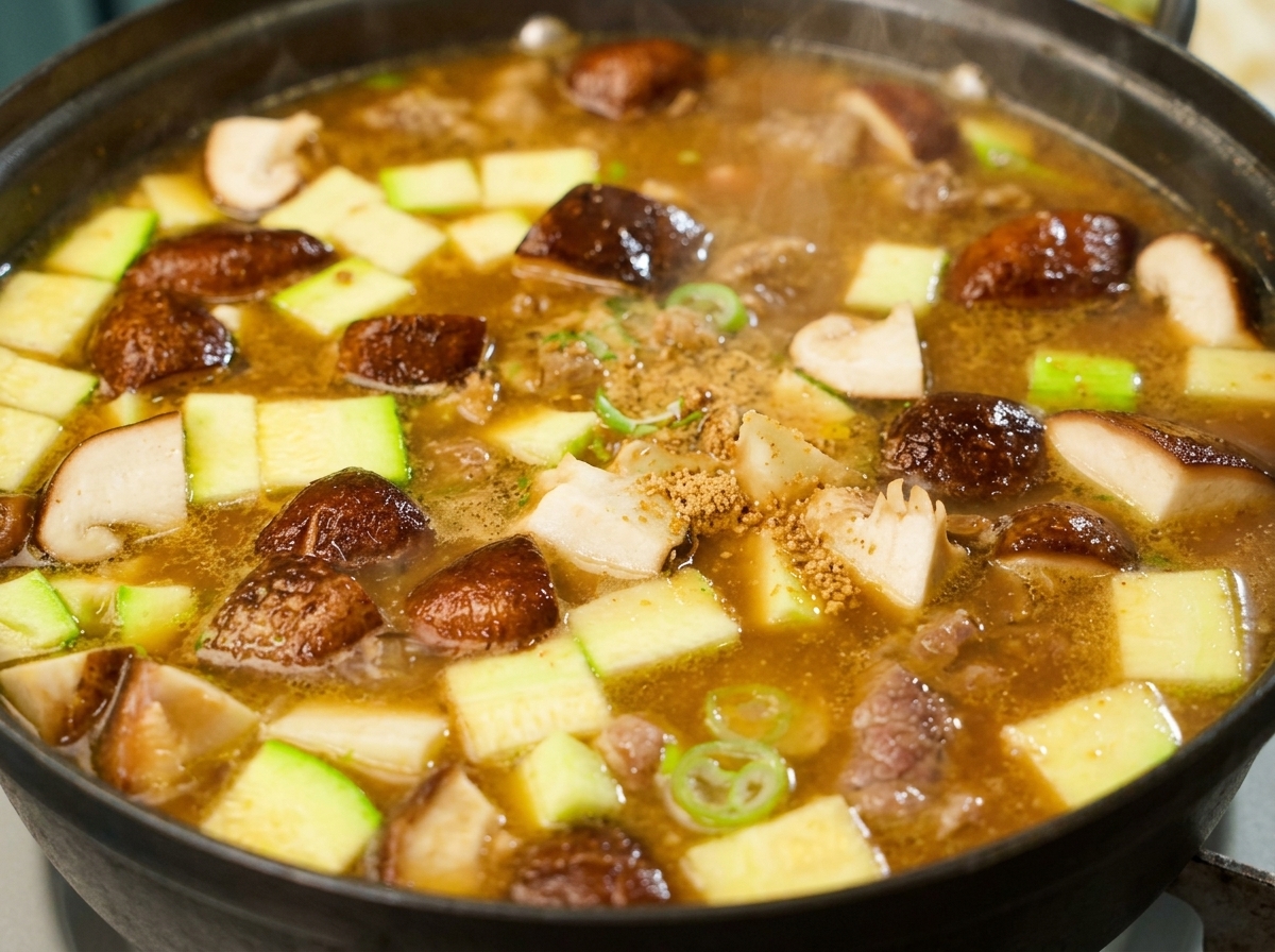 Ein Löffel mit gehacktem Knoblauch und Rinderwürzpulver wird in einen köchelnden Topf mit koreanischer Sojabohnensuppe gegeben, die mit Zucchini und Shiitake-Pilzen gefüllt ist.