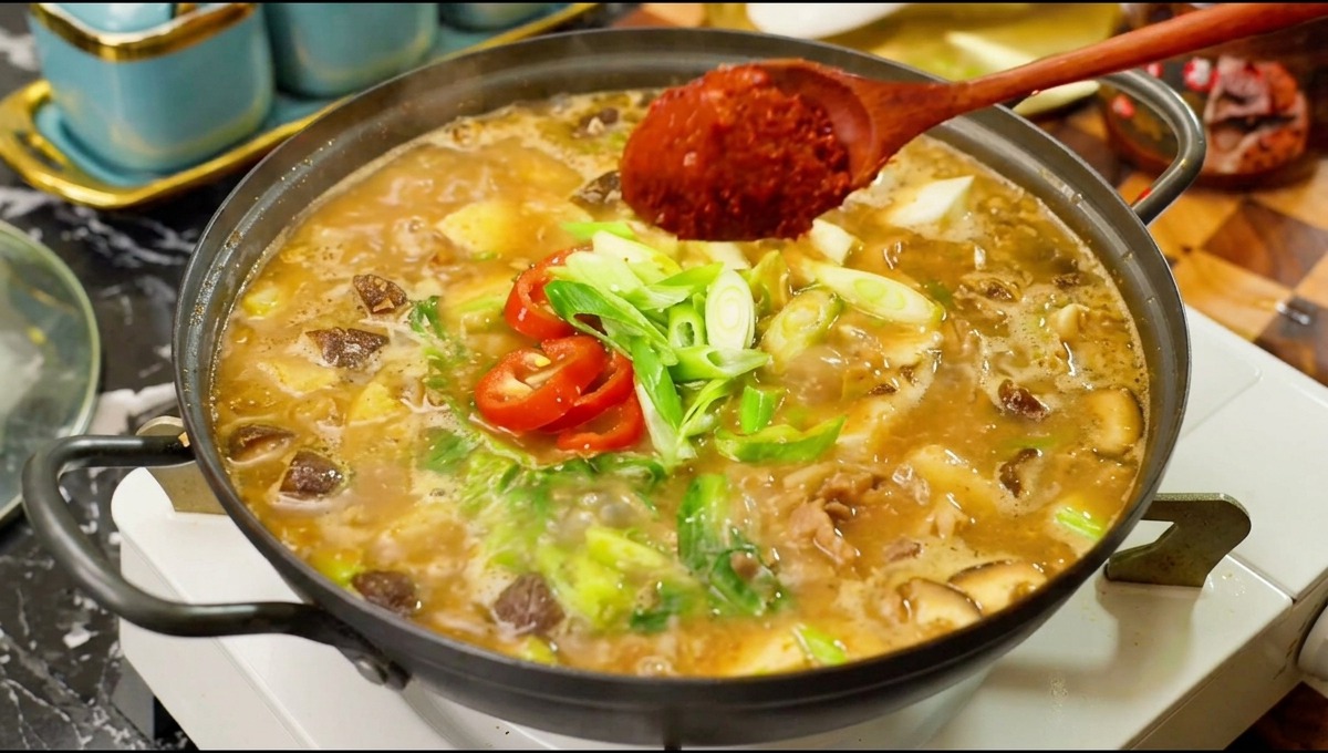 Ein Holzlöffel gibt eine große Portion leuchtend rotes Chilipulver in einen brodelnden Topf mit koreanischer Sojabohnensuppe, die mit Rindfleisch, Pilzen und frischen Chilischoten gefüllt ist.