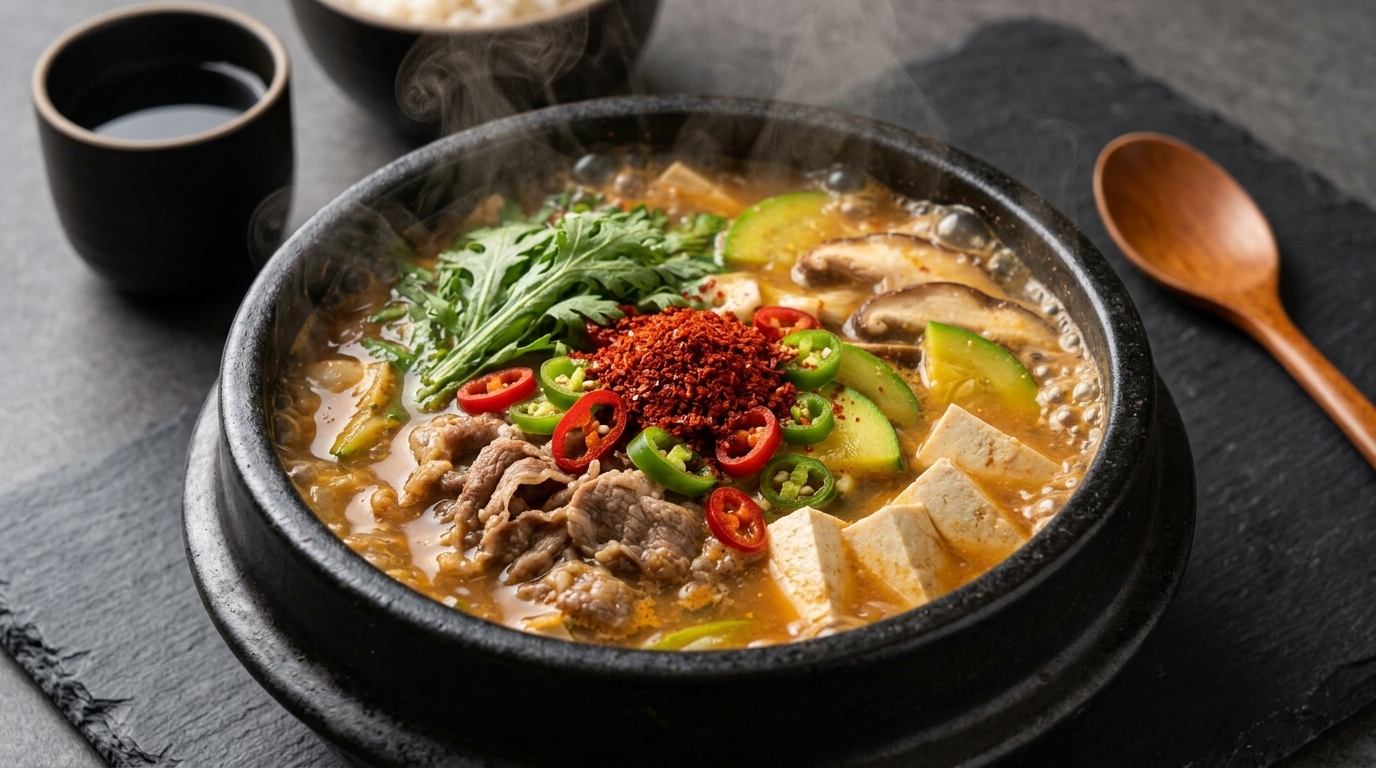 Authentischer Doenjang Jjigae (Koreanischer Eintopf mit Rindfleisch und Sojabohnenpaste)