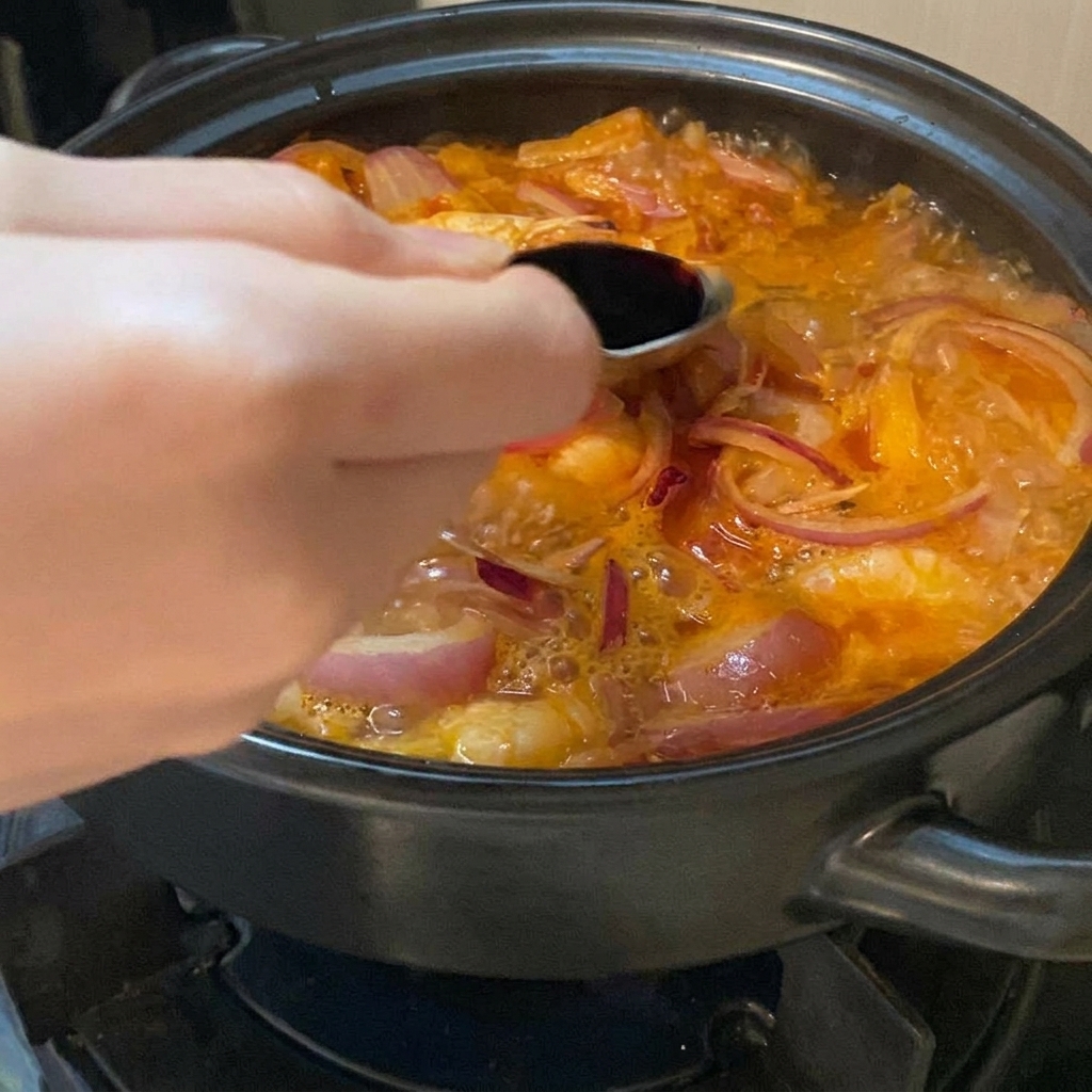 Eine Hand gibt mit einem Löffel dunkle Würzsauce in eine brodelnde, orange-rote Suppe mit Zwiebeln und Garnelen.
