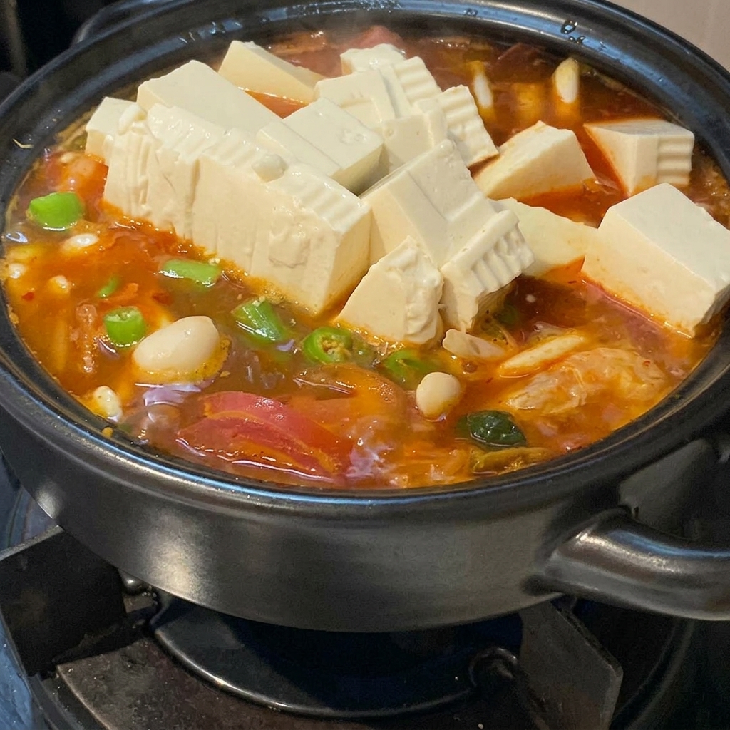 Große weiße Seidentofuwürfel liegen ordentlich auf der kochenden, kräftig roten Kimchi-Suppe mit Chilis und Zwiebeln.