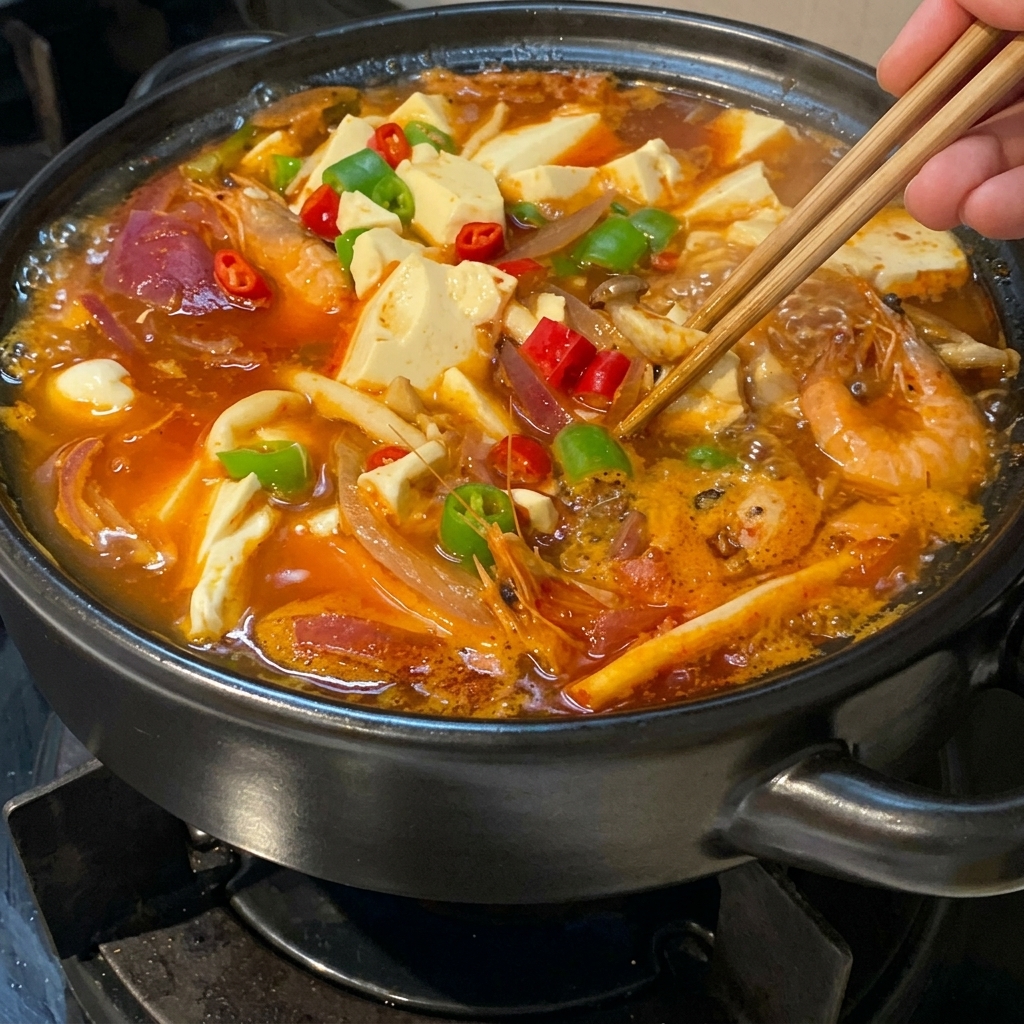 Ein fertiger Tontopf mit kochender roter Kimchi-Suppe, Tofuwürfeln, Garnelen und Zwiebeln, garniert mit Chilis, wird mit Stäbchen angerichtet.
