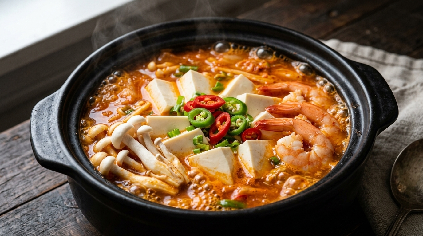 Herzhafte Kimchi-Tofu-Suppe mit Garnelen (Soondubu Jjigae)