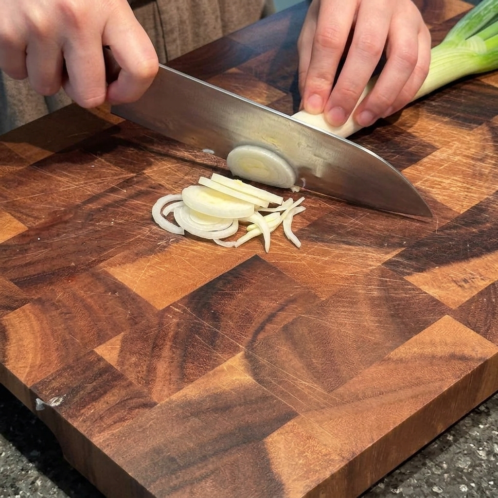 Hände, die die weißen Teile von Frühlingszwiebeln in lange, dünne Streifen auf einem Holzschneidebrett mit einem Kochmesser schneiden.