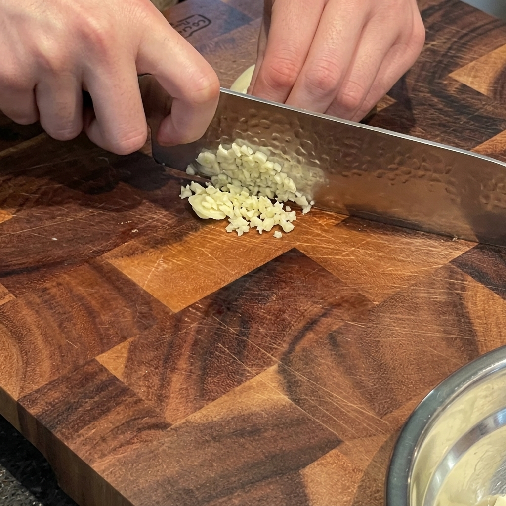 Hände, die frische Knoblauchzehen auf einem Holzschneidebrett fein in kleine Stücke hacken.