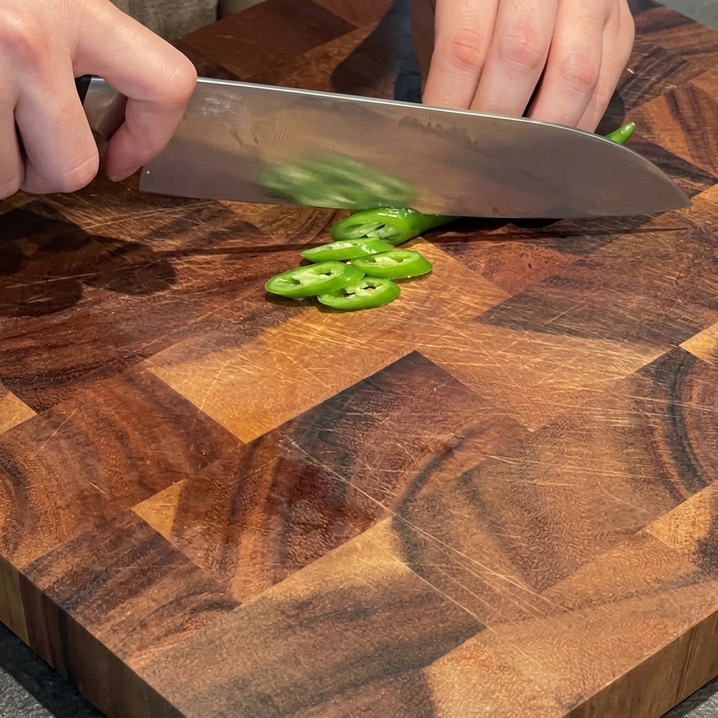 Hände, die grüne Chilischoten diagonal in dünne Scheiben auf einem Holzschneidebrett schneiden.