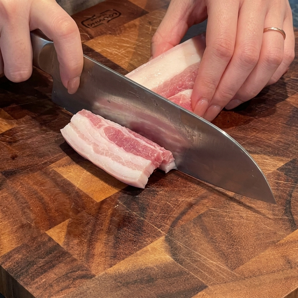 Hände, die ein Stück rohen Schweinebauch auf einem Holzschneidebrett in dicke, mundgerechte Stücke schneiden.
