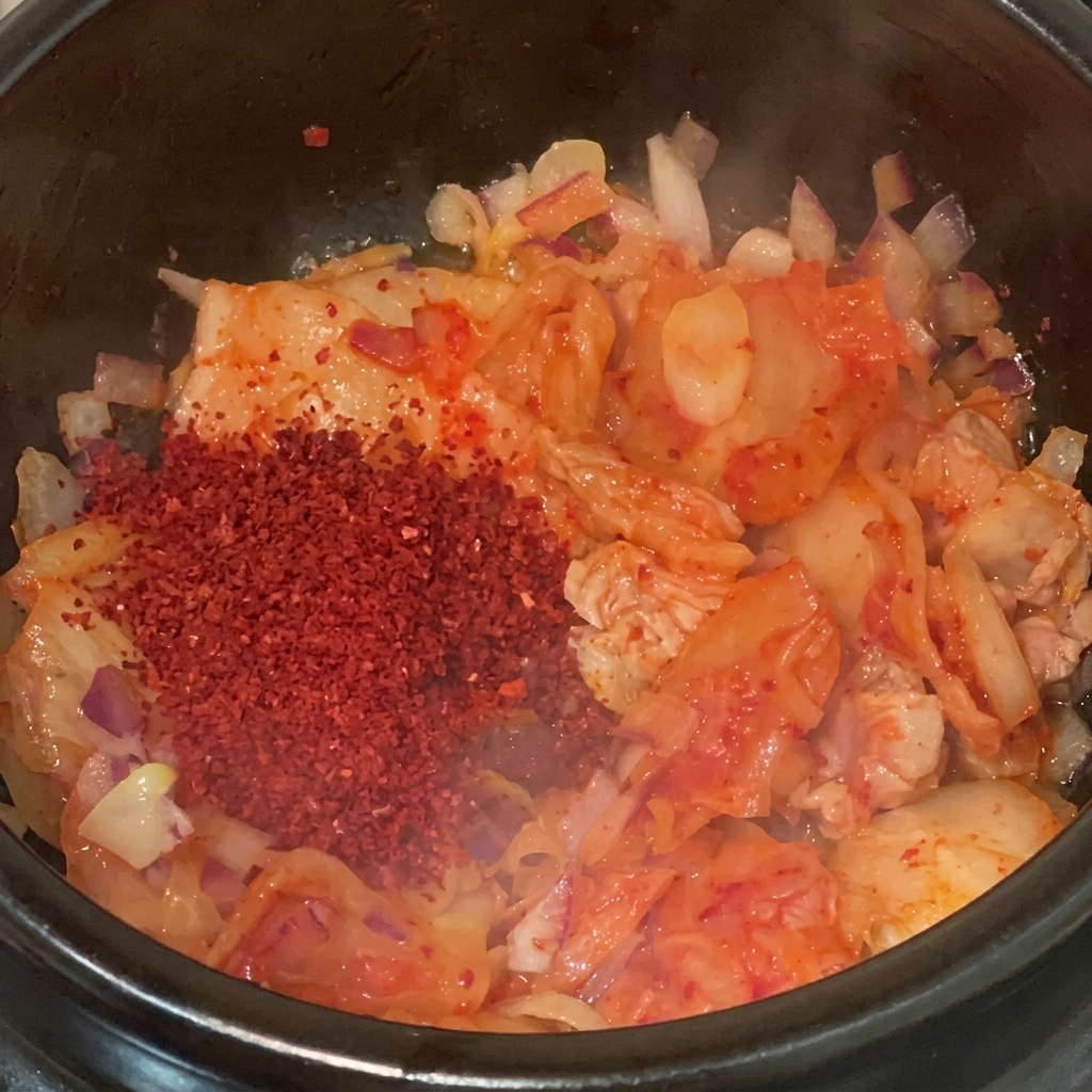 Ein leuchtender Haufen aus feinem und grobem rotem Chilipulver liegt auf geschnittenem Kimchi und Schweinebauch in einem Topf.