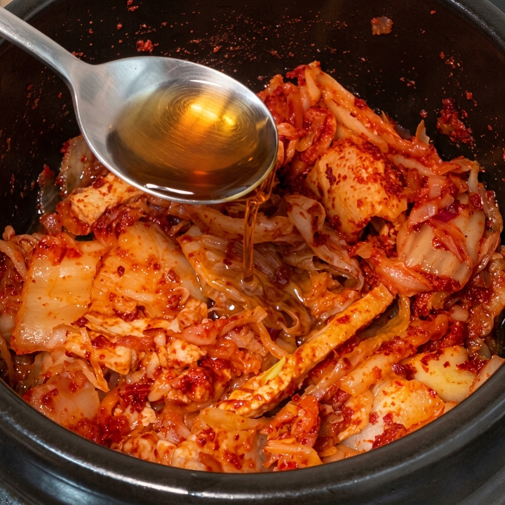 Ein Metalllöffel gießt eine klare, bernsteinfarbene Flüssigkeit in einen schwarzen Topf mit kräftig rotem, angebratenem Kimchi und Fleischstücken.