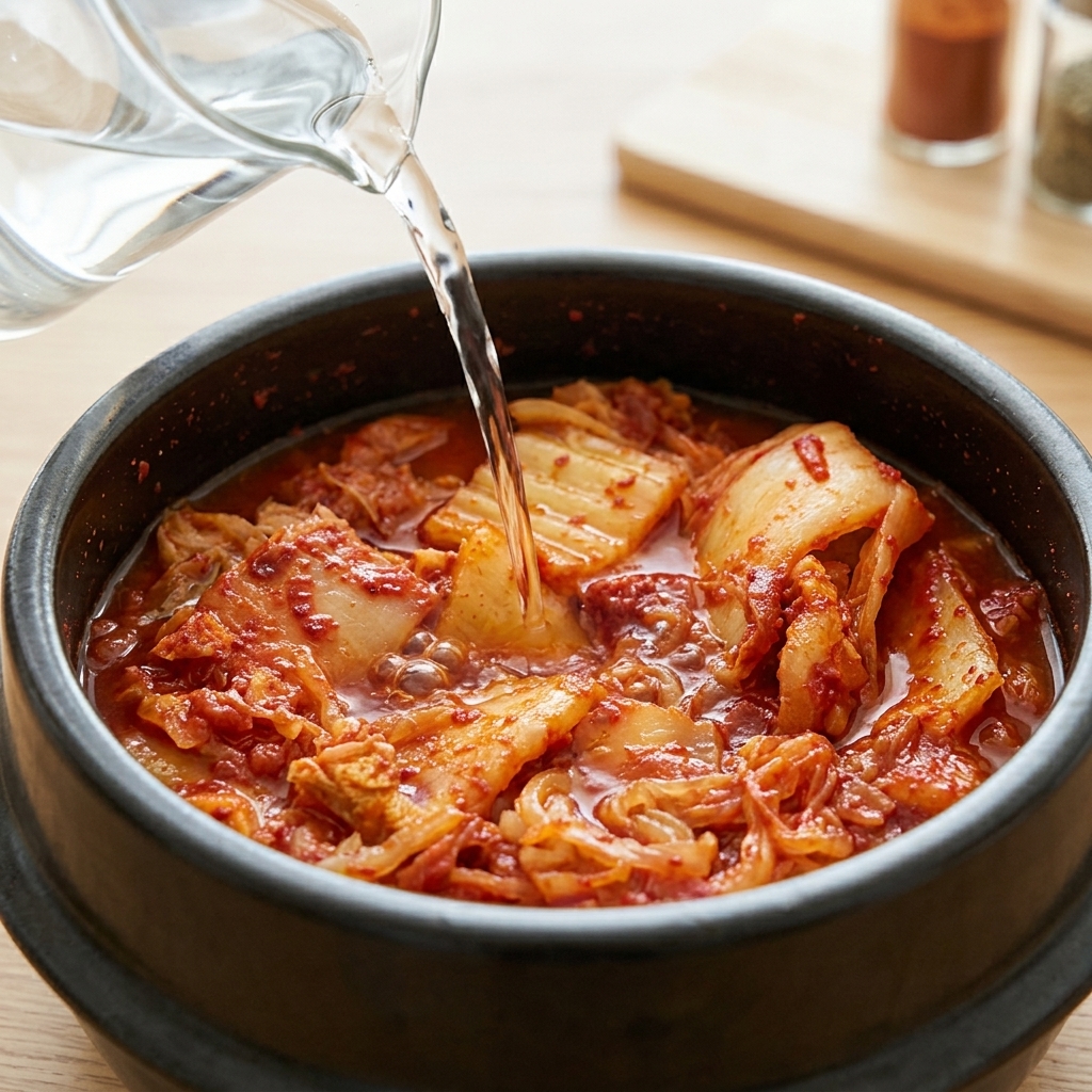 Heißes Wasser wird aus einer Kanne in einen Tonkopf mit köchelndem Kimchi-Eintopf gegossen.