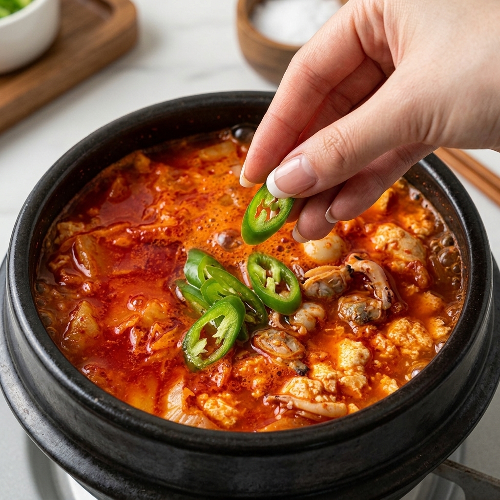 Nahaufnahme einer Hand, die frische, diagonal geschnittene grüne Chilischoten in einen kochenden Topf mit roter Kimchi-Tofu-Suppe gibt.