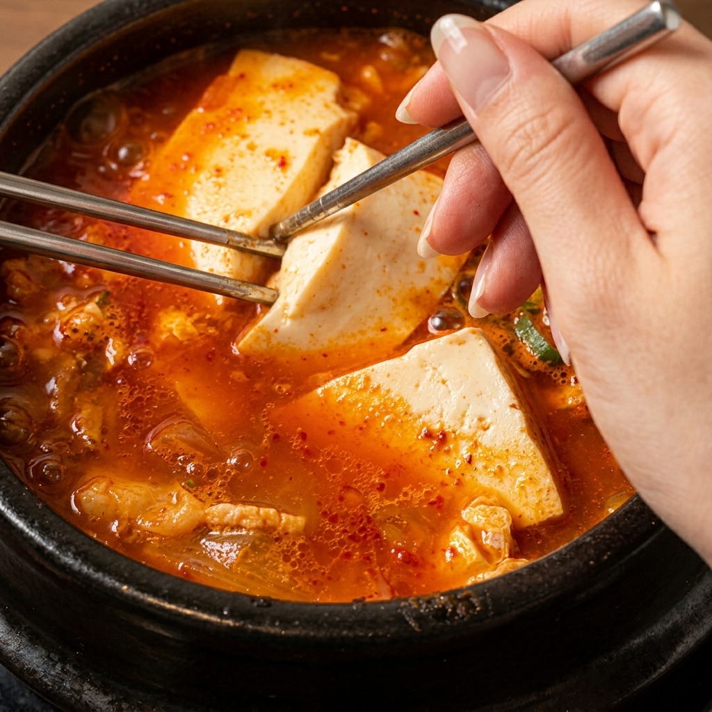 Eine Hand streut grüne Frühlingszwiebeln und Algenflocken über eine kochende rote Tofu-Suppe in einem Tontopf.