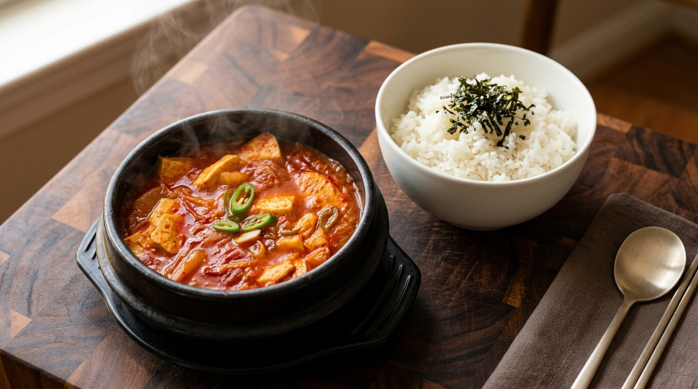 Authentische Kimchi-Tofu-Suppe (Kimchi Jjigae)