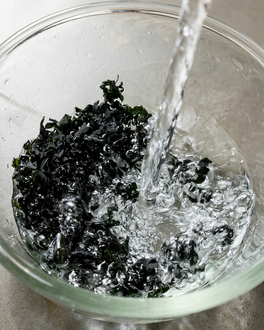 Warmes Wasser wird von oben in eine transparente Glasschüssel gegossen, in der sich dunkle, getrocknete Algenstücke befinden.