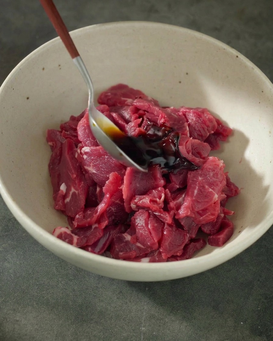 Ein silberner Löffel gießt dunkle Würzsauce, wie Sojasauce und Austernsauce, über frische, rohe Rindfleischscheiben in einer weißen Keramikschüssel.