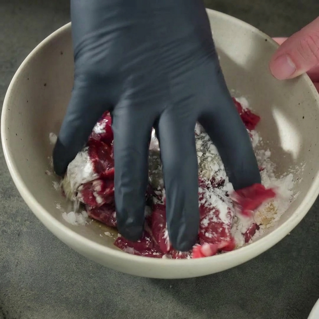 Eine Hand mit einem schwarzen Handschuh vermengt rohe Rindfleischscheiben mit weißer Speisestärke und dunkler Marinade in einer beigefarbenen Keramikschüssel.