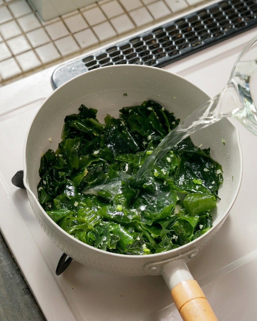 Klare Flüssigkeit wird aus einem Gefäß in einen weißen Topf gegossen, der mit grünen Algen und Stücken von gebratenem Knoblauch gefüllt ist.