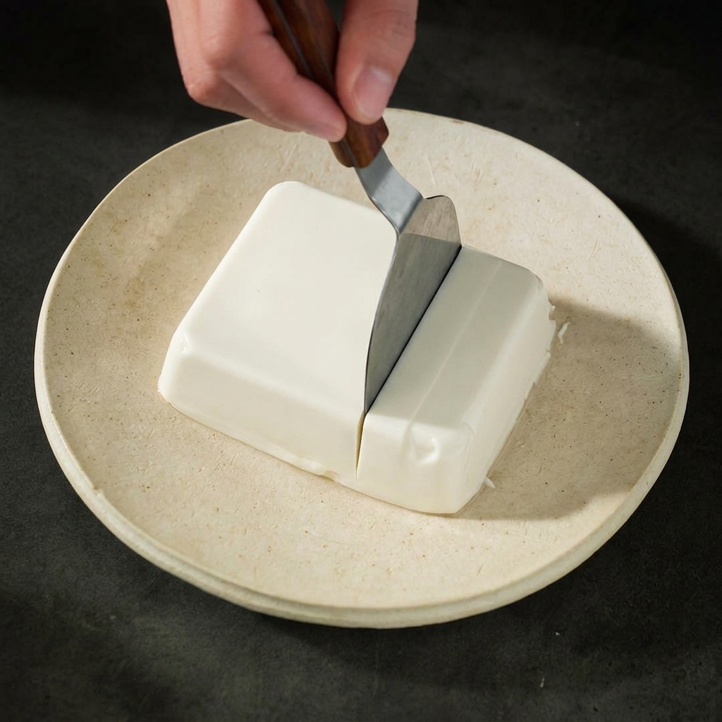Eine Person schneidet mit einer kleinen Metallspachtel einen glatten, rechteckigen Block aus weißem Seidentofu auf einem runden Teller in Würfel.