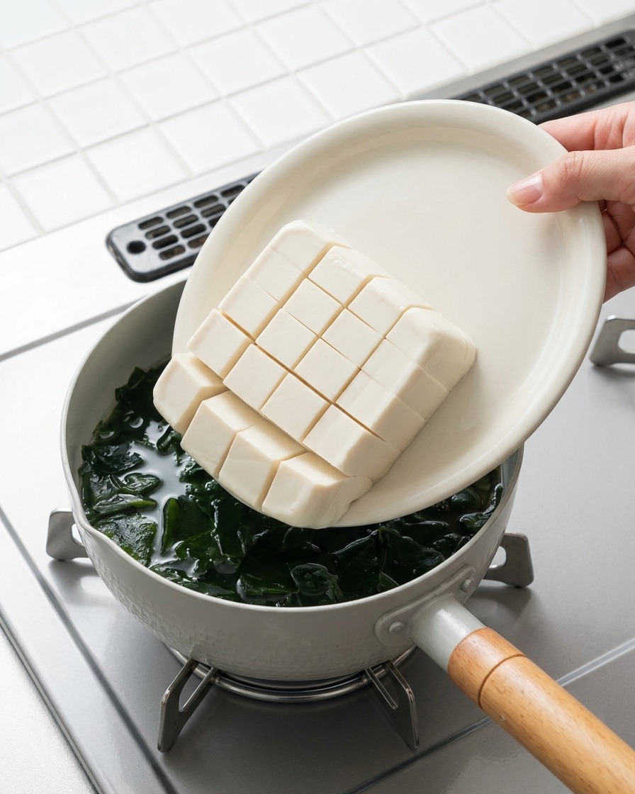 Ein Teller mit perfekt gewürfeltem weißen Seidentofu wird gekippt, um die Stücke in einen weißen Topf mit heißer Seealgensuppe gleiten zu lassen.