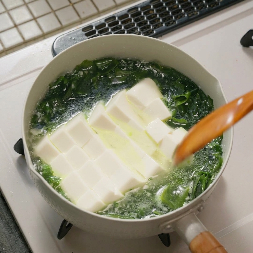 Ein Holzwender rührt vorsichtig frische weiße Tofuwürfel und grüne Algen in einer köchelnden, klaren Brühe in einem weißen Topf um.