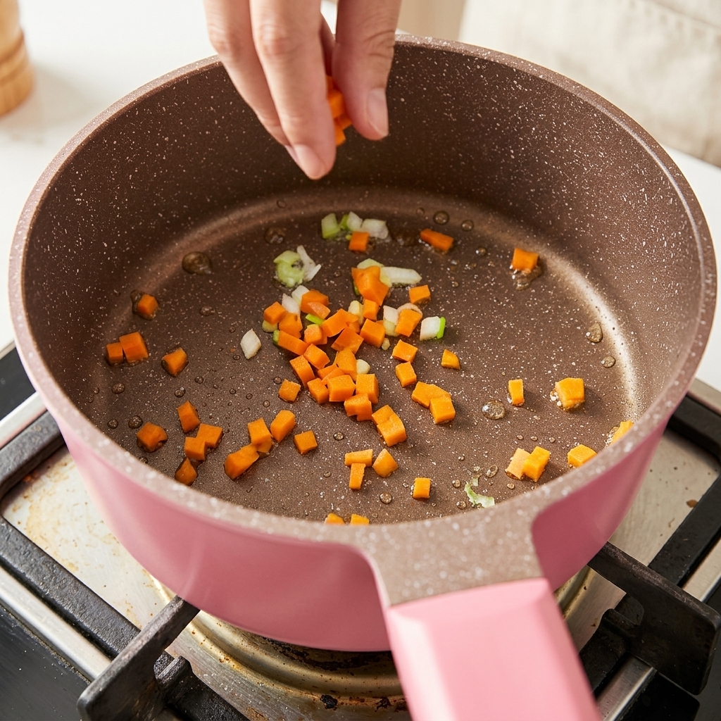 Fein gewürfelte orangefarbene Karotten und gehacktes Frühlingszwiebelweiß, die mit etwas Öl in einem rosafarbenen Topf angedünstet werden.