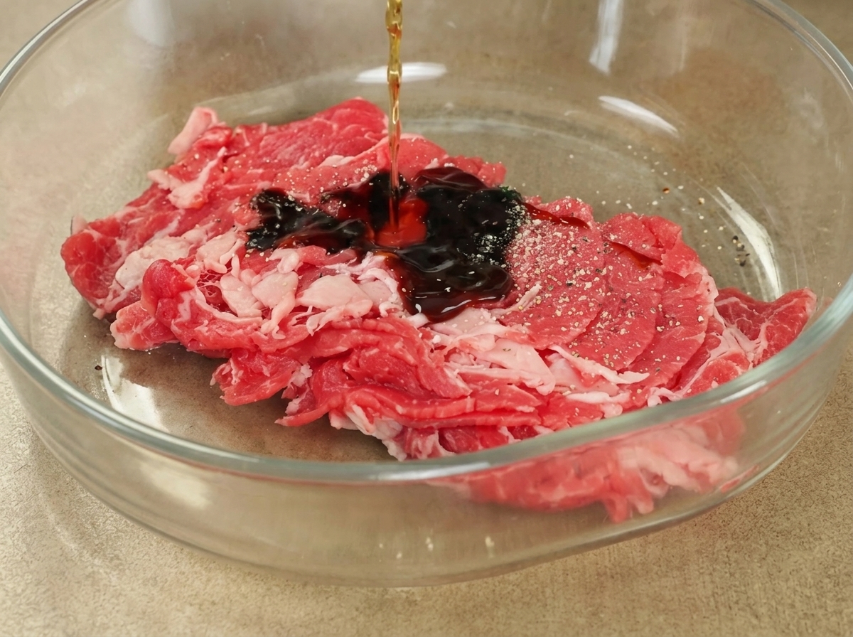 Ein dünner Strahl dunkler Sojasauce wird über das gewürzte Rindfleisch in einer Glasschüssel gegossen.