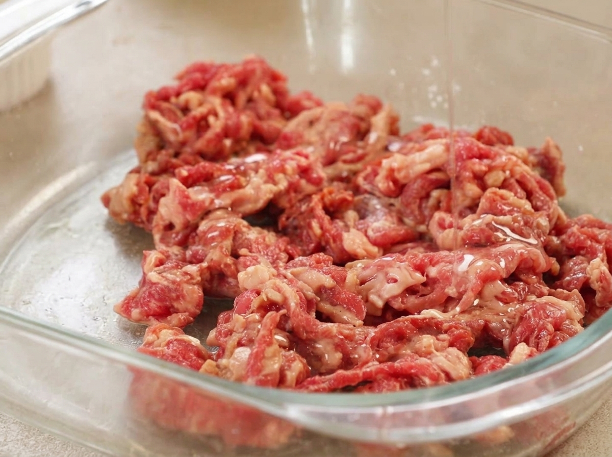 Ein dünner Strahl Öl wird über das glänzende, fertig marinierte Rindfleisch in einer Schüssel gegossen.