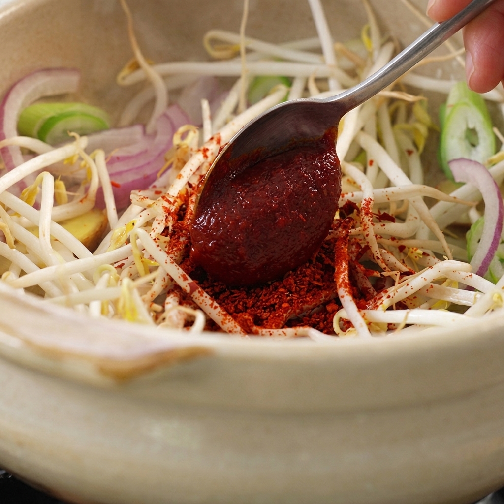 Ein Löffel dicke, tiefrote koreanische Chilipaste wird auf den rohen Sprossen und Chiliflocken in einem Keramichtopf platziert.