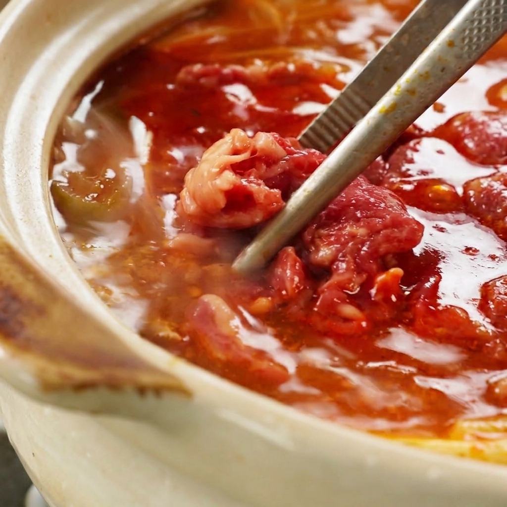 Rindfleischstreifen werden mit Metallstäbchen in einer kochenden, roten Suppe gewendet, während sie fertig garen.