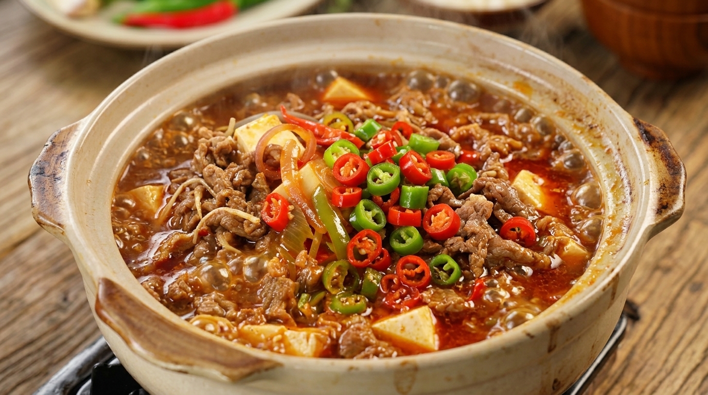 Scharfe Rindfleisch-Tofu-Suppe aus dem Tontopf