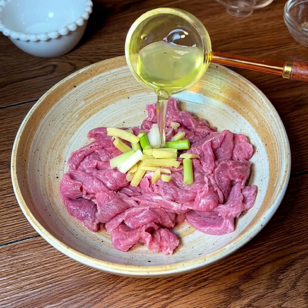 Eine Keramikschüssel mit rohen Rindfleischscheiben, garniert mit Ingwerstreifen und Frühlingszwiebeln, während eine flüssige Würzmischung aus einer Schöpfkelle gegossen wird.