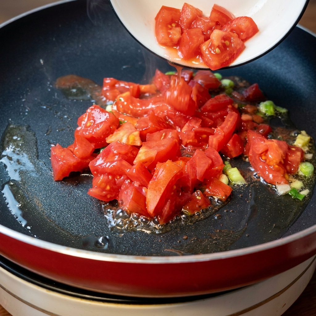 Frisch gewürfelte rote Tomaten werden aus einer weißen Schüssel in eine heiße Pfanne mit brodelndem Öl und gehackten Frühlingszwiebeln geschüttet.