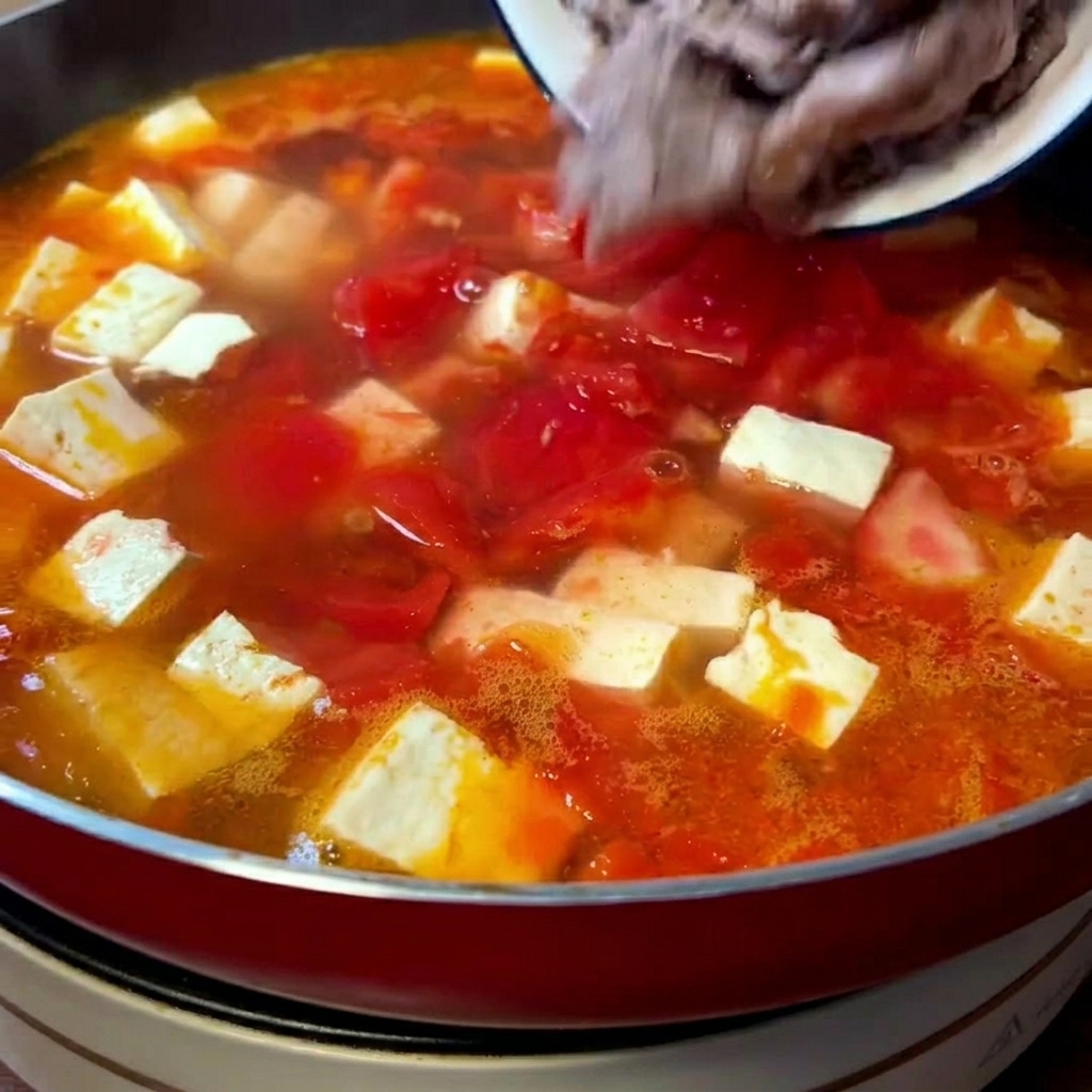 Angebratene Rindfleischscheiben werden von einem Teller in eine köchelnde Pfanne mit Tomatensuppe und weißen Tofuwürfeln gegeben.