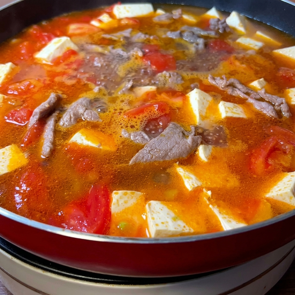 Eine rote Pfanne voller farbenfroher, kochender Suppe mit roten Tomatenstücken, weißen Tofuwürfeln und Rindfleischscheiben.