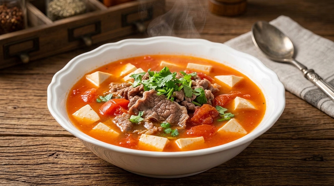 Herzhafte chinesische Tomaten-Tofu-Rindfleischsuppe