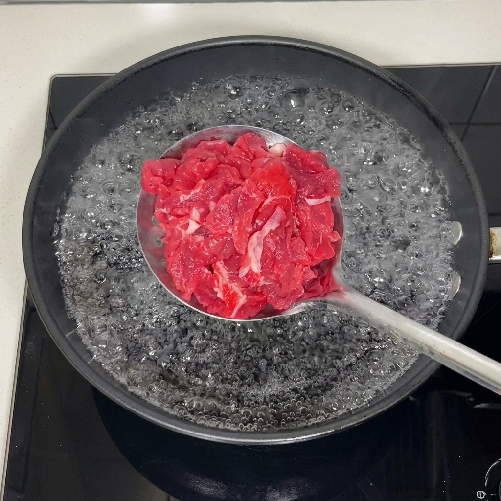 Hauchdünne Scheiben rohes Rindfleisch liegen auf einem Schaumlöffel aus Metall und werden in sprudelnd kochendes Wasser getaucht.