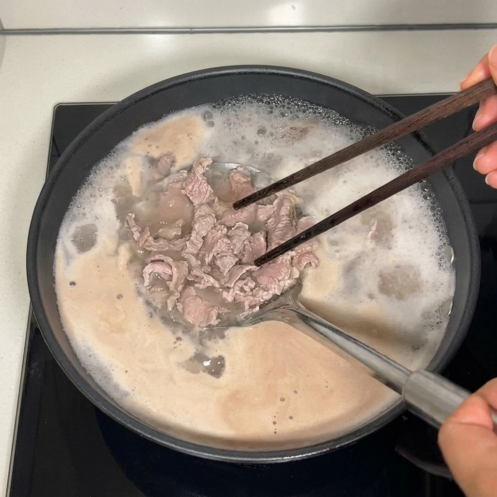 Hellbraun blanchierte Rindfleischscheiben werden mit einem Schaumlöffel und Essstäbchen aus schäumendem, kochendem Wasser gehoben.