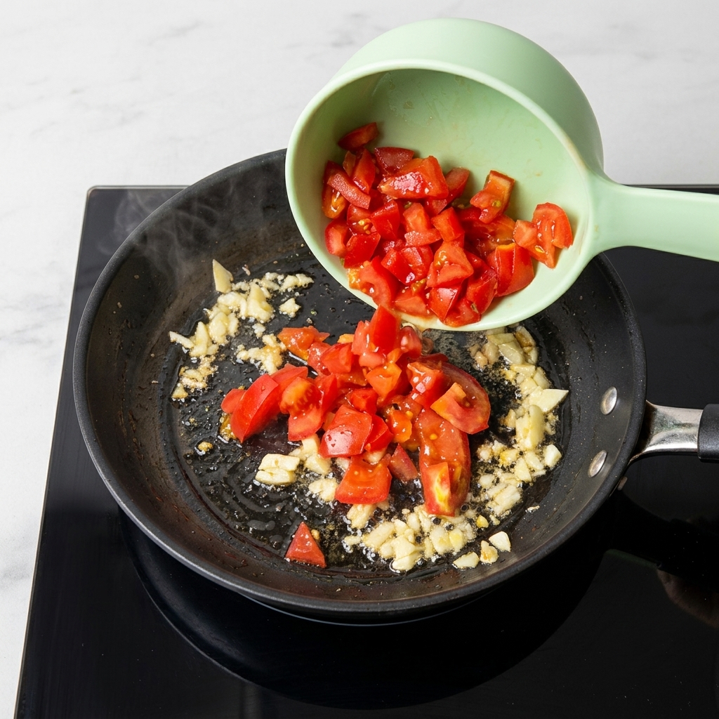 Gehackte frische rote Tomaten werden aus einer hellgrünen Schale in die Pfanne zum brutzelnden Knoblauch geschüttet.