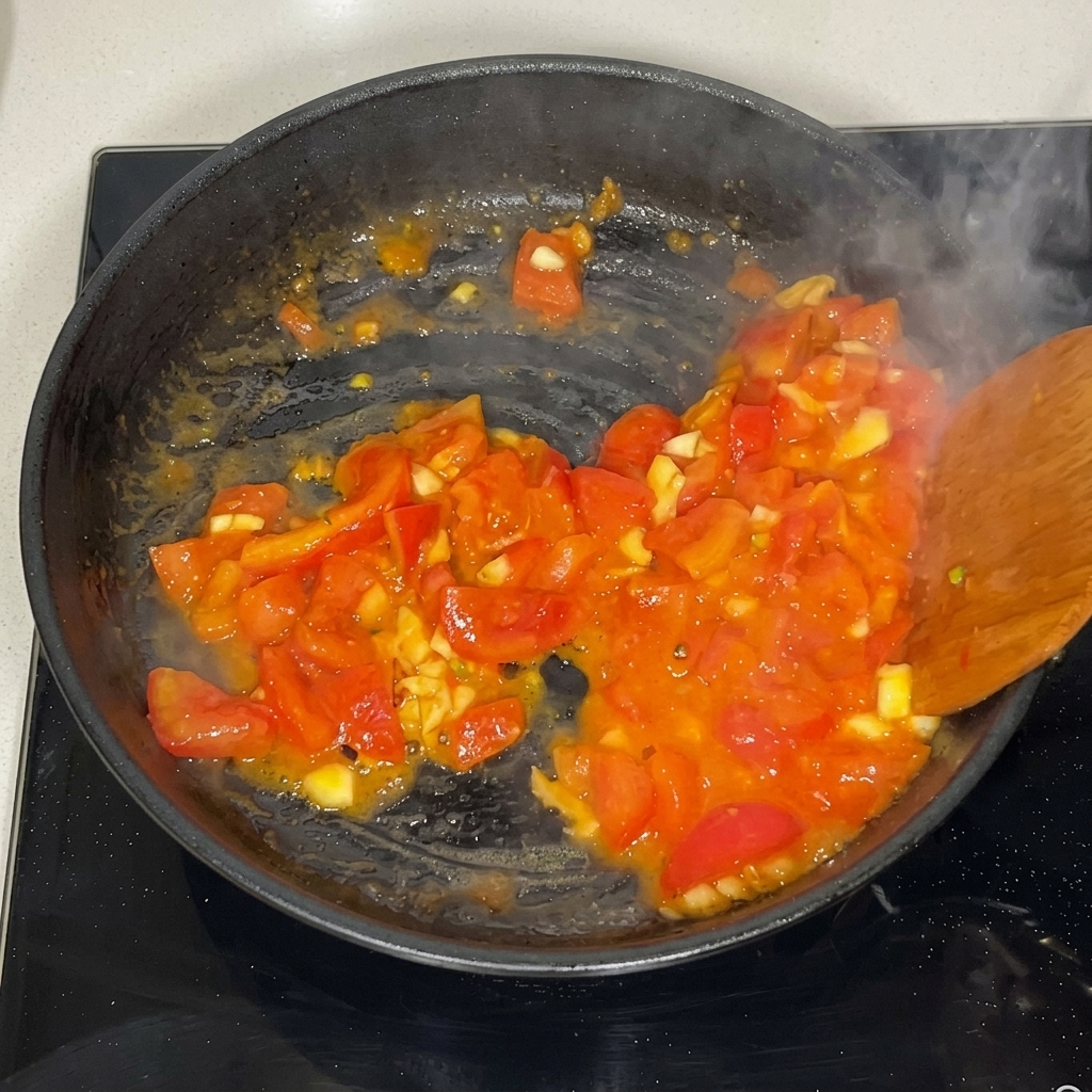 Gehackte Tomaten werden mit einem Pfannenwender aus Holz in einer schwarzen Pfanne angebraten und geben Saft und Dampf ab.
