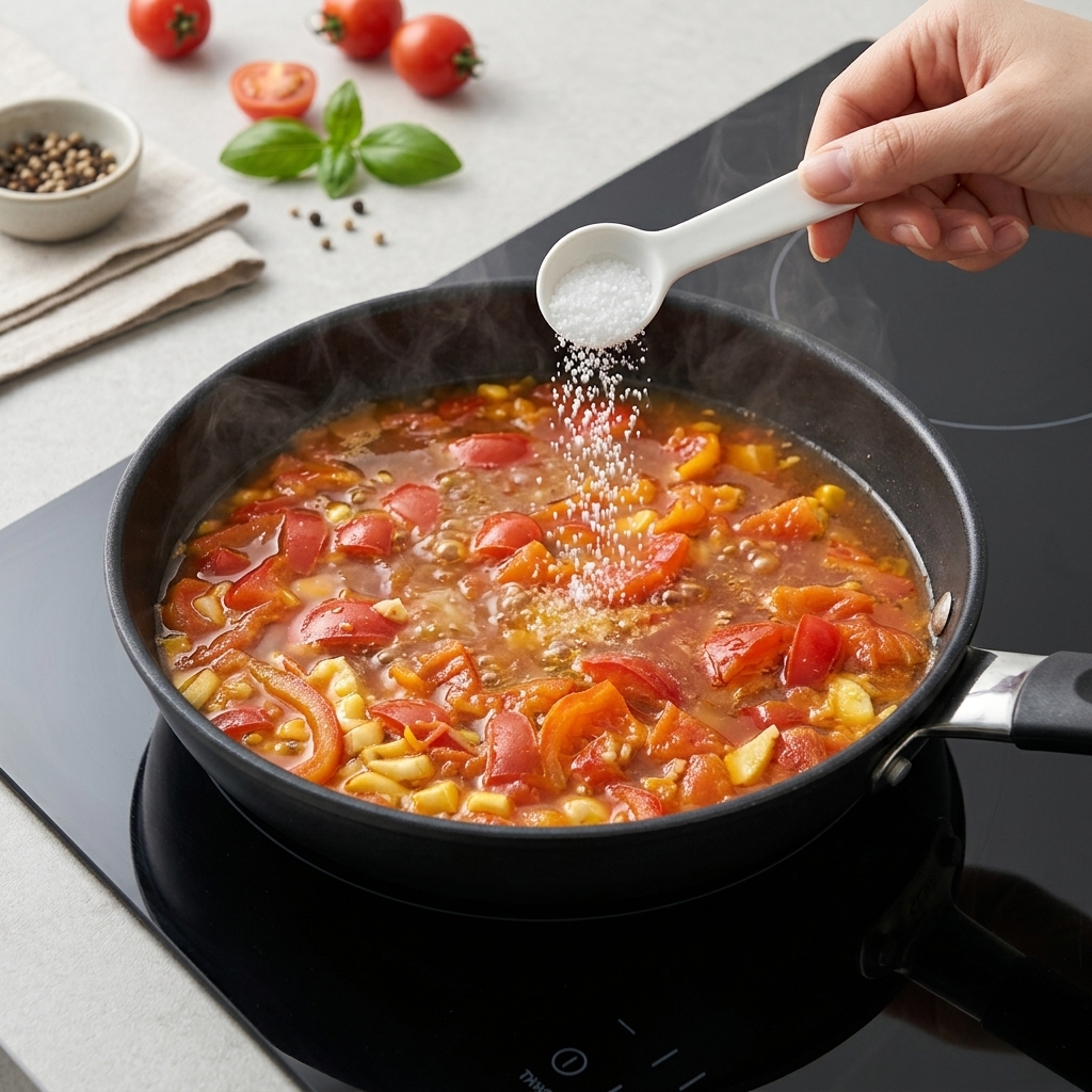 Eine Hand streut Salz aus einem weißen Messlöffel in die kochende Tomatensuppe in einer schwarzen Pfanne.